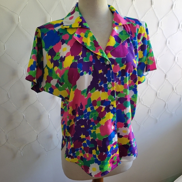 Vintage Multi-Colored Short Sleeve Blouse / Estimates Medium - Picture 1 of 4